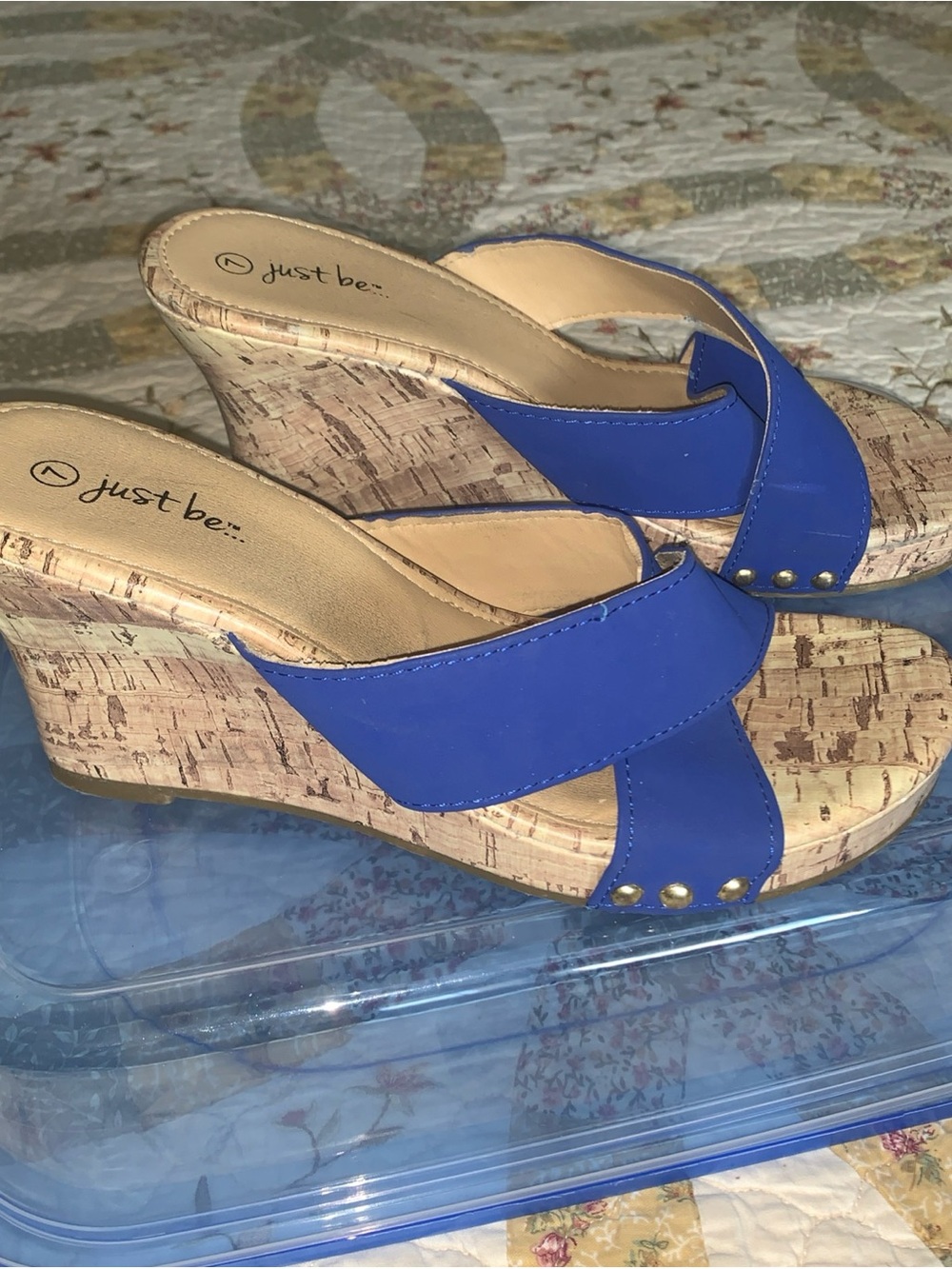 Just Be Blue wedges feature a cork wedge heel and criss-cross straps Size 7